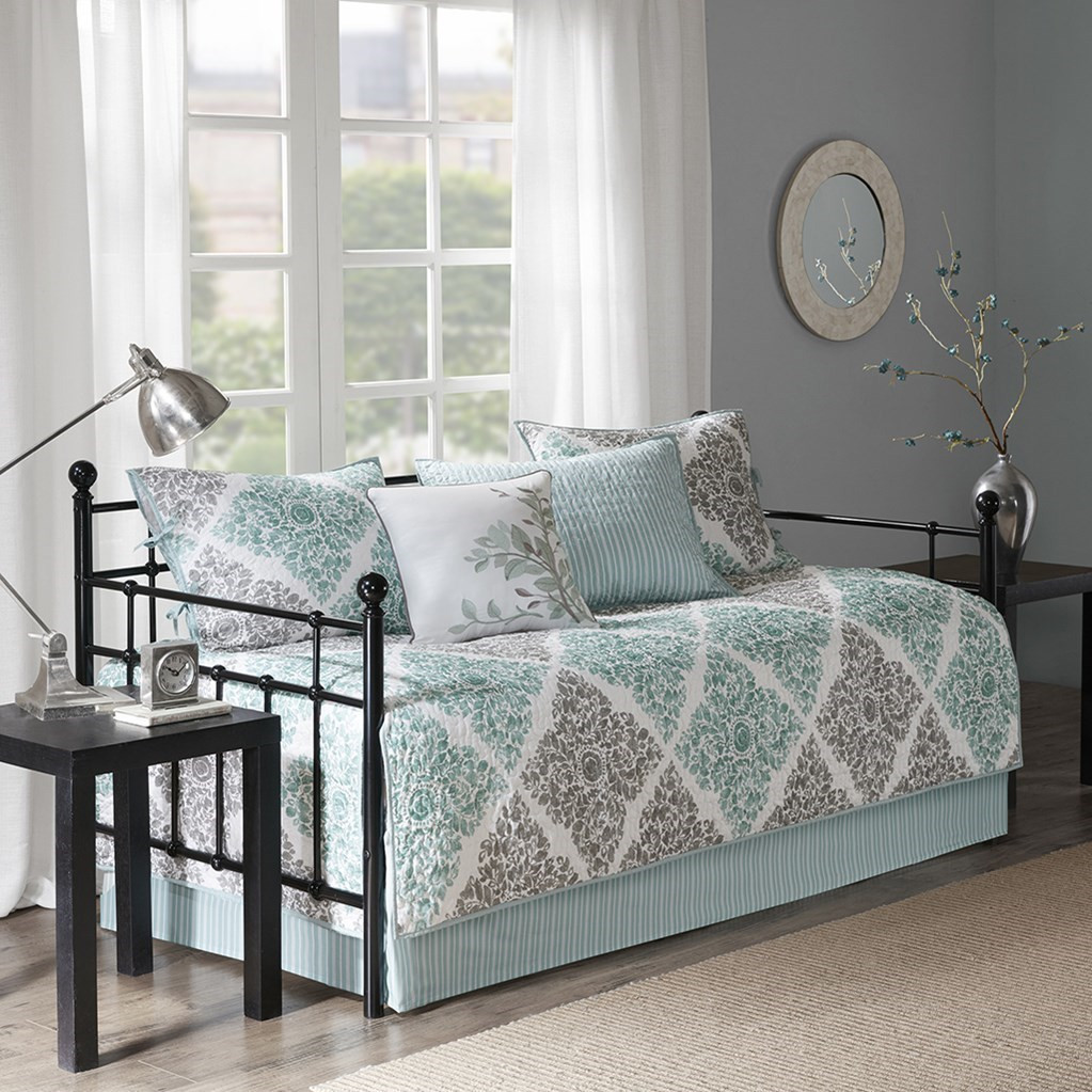 6pc Aqua & Grey Leaf Diamond Quilted Daybed Set AND Decorative Pillow (Claire-Aqua-DB)