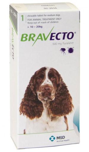Bravecto for Dogs 22-44 lbs (10-20 kg) - Green - 1 Tablet (3 months