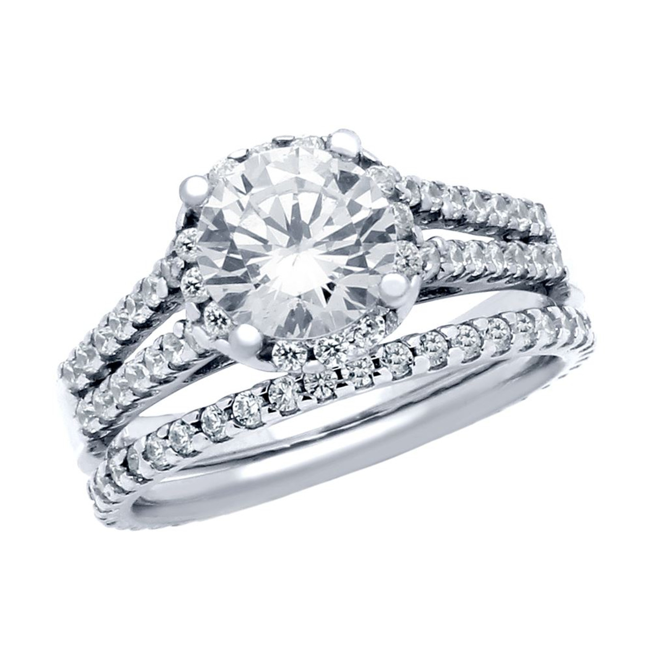 rhodium plated round cz high double row setting ring and eternity band wedding set - Double Band Wedding Ring rhodium plated round cz high double row setting ring and eternity band wedding set - Double Band Wedding Ring