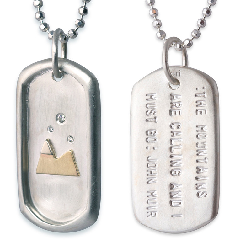 Large Dog Tag with Gold Mountains, Diamonds and John Muir Quote on heavy sparkly ball chain