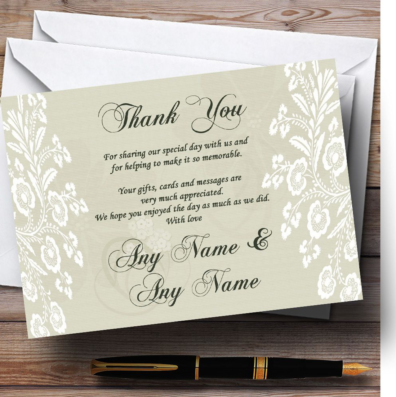 Vintage Lace Sage Green Chic Personalised Wedding Thank You Cards