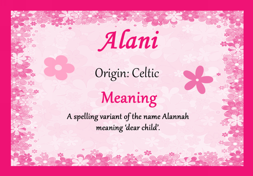 Alani Personalised Name Meaning Certificate - The Card Zoo