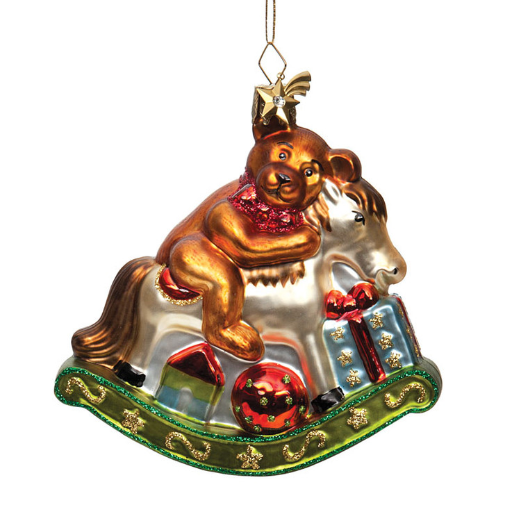 Teddy Bear on Rocking Horse Glass Ornament