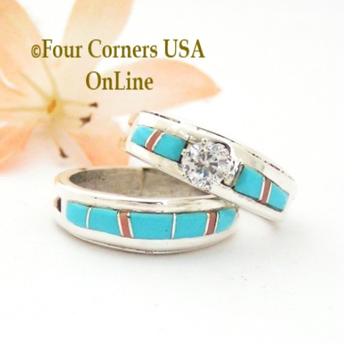 size 8 turquoise pink coral engagement bridal wedding ring set native american wilbert muskett jr ws - Navajo Wedding Rings size 8 turquoise pink coral engagement bridal wedding ring set native american wilbert muskett jr ws - Navajo Wedding Rings