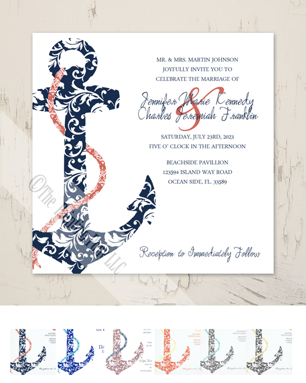 ON SALE!! Navy and Coral Anchor Wedding Invitation (25pk) - The