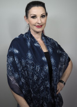 Drapes beautifully - will enhance any outfit
You can wear in lots of different ways 
In this lovely feminine blue and white  pattern 
