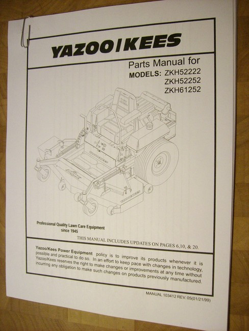 Yazoo Kees parts manual for model #s ZKH52222, ZKH52252, ZKH61252 - www