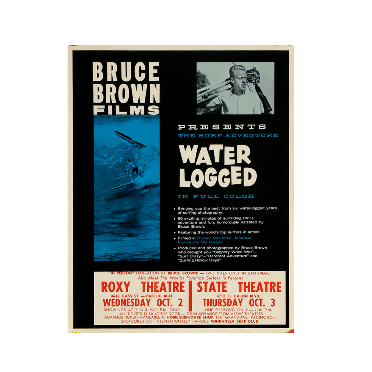 "water logged" a film by bruce brown vintage surf poster, 1962