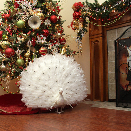 27 White Regal Peacock Bird with Open Tail Feathers Christmas