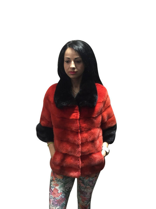 Red Mink fur coat black collar and cuffs front view Red Mink fur coat black collar and cuffs front view