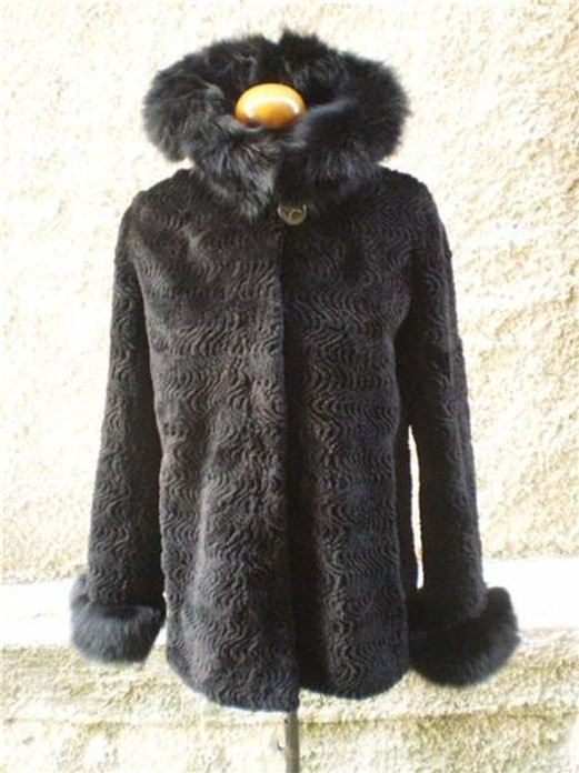 Beaver Fur Coat Sheared Black Hood xxL Beaver Fur Coat Sheared Black Hood xxL