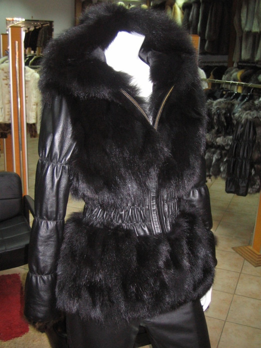 Black Fox Fur Jacket Hood leather sleeves Black Fox Fur Jacket Hood leather sleeves