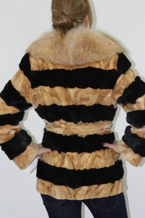Black & beige Mink Fur Jacket Fox Collar Black & beige Mink Fur Jacket Fox Collar
