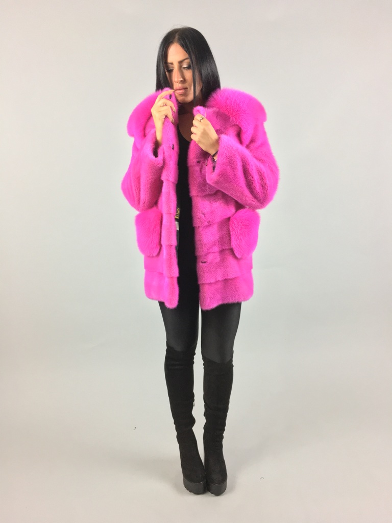 Pink Mink Fur coat With Fox Collar front