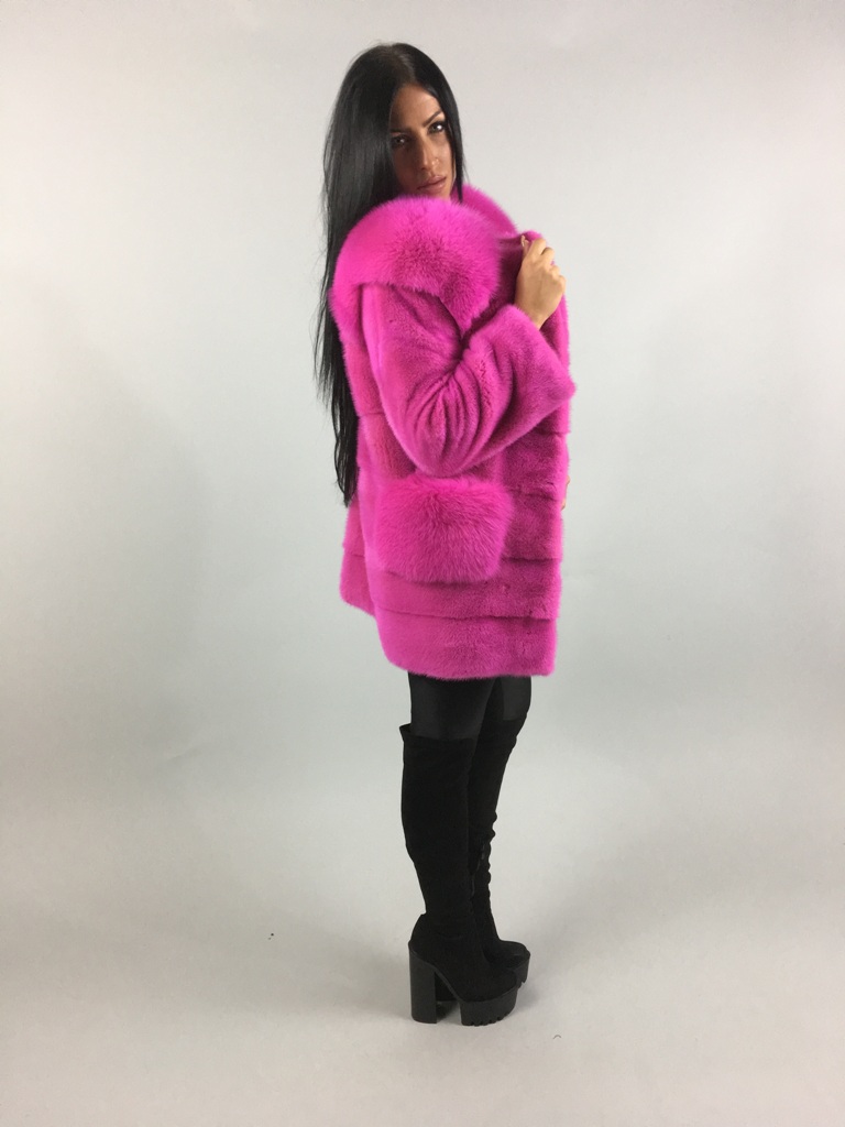 Pink Mink Fur coat With Fox Collar side