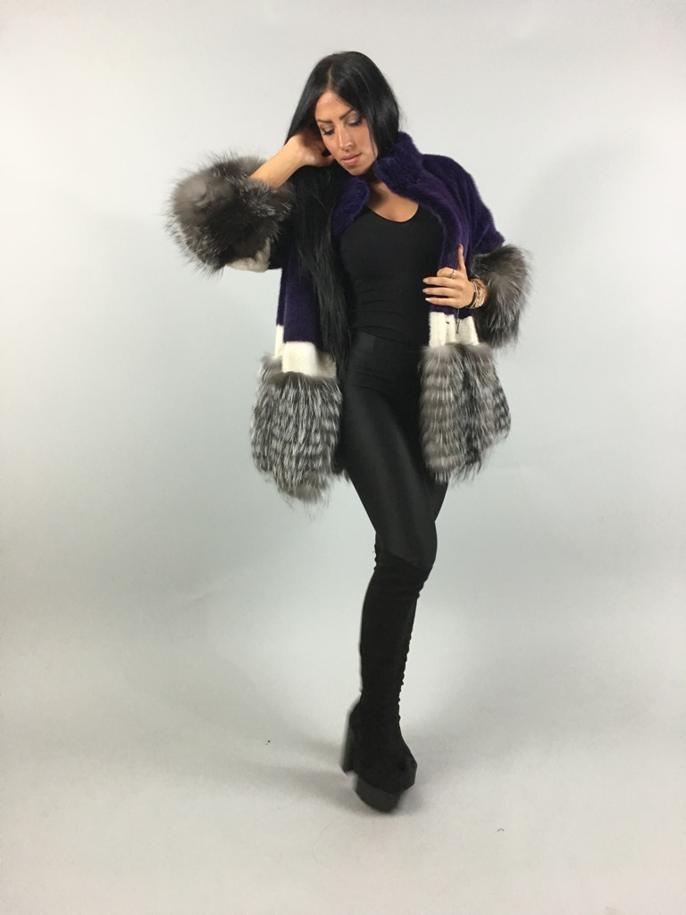 i violet mink fur coat with silver fox fur and cuffs haute couture