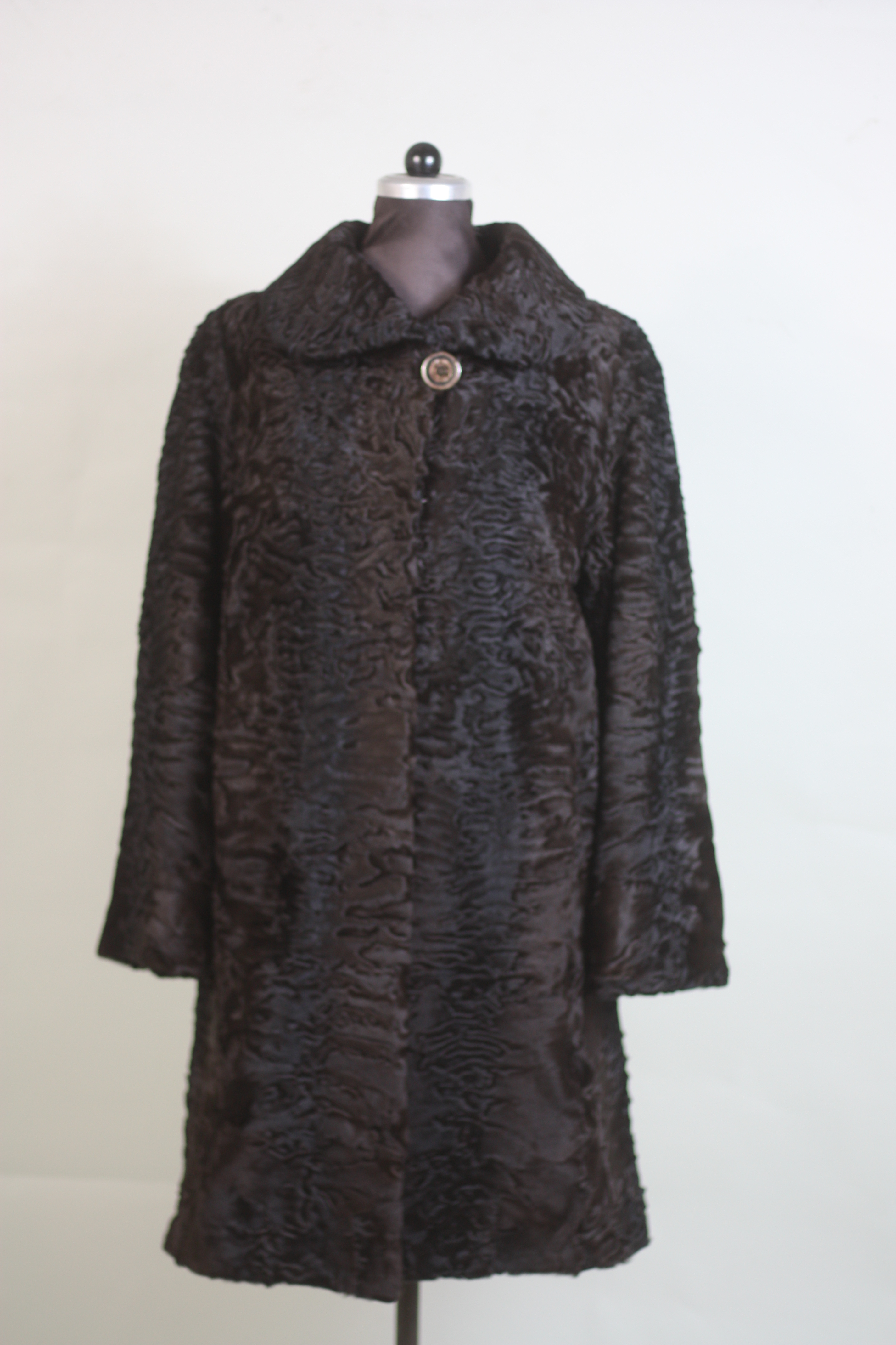 brown swakara lamb fur coat front view 3/4 length brown swakara lamb fur coat front view 3/4 length