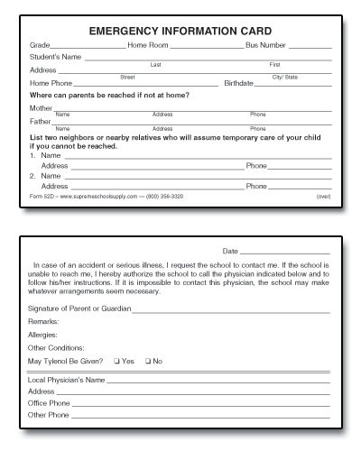 emergency information authorization card 52d supreme emergency cards for students