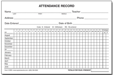 attendance record card yearly 147br supreme school supply work attendance record