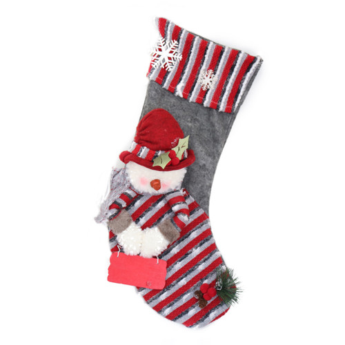 GREY AND RED STRIPED FESTIVE CHRISTMAS STOCKING WITH SNOWMAN , PERSONALIZABLE