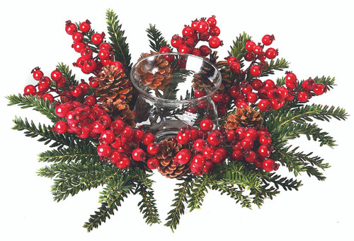 FIR AND RED BERRY AND PINE CONE CANDLE HOLDER
