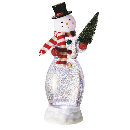 12" LED Lighted Snowman with Top hat and Tree Shimmering Snow Christmas Figure