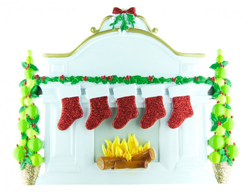 Free Personalization* Family of 5 Sparkling Red Stockings on Fireplace