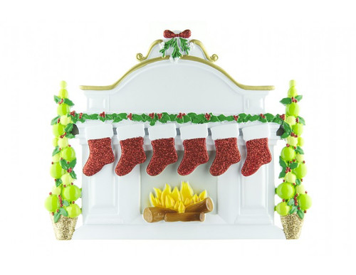 Free Personalization* Family of 6 Sparkling Red Stockings on Fireplace