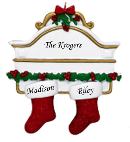 Free Personalization* White Mantle with 2 Glittering Red Stockings Ornament