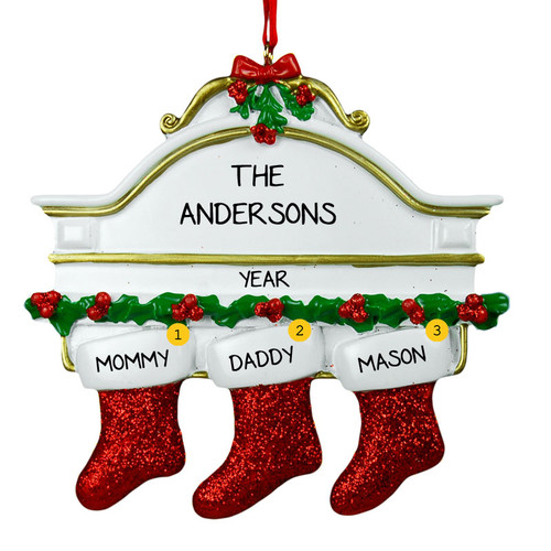 Free Personalization* White Mantle with 3 glittering red stockings Ornament
