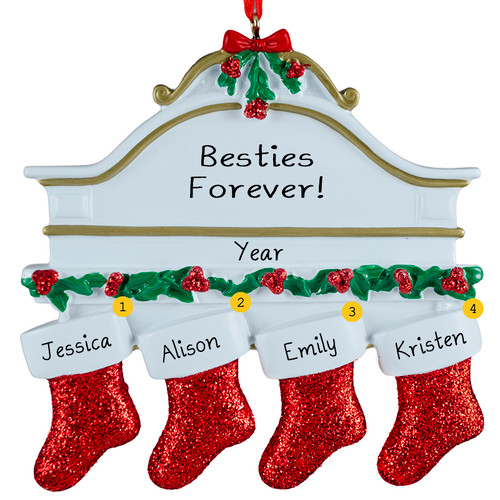 Free Personalization* White Mantle with 4 Glittering Red Stockings Ornament