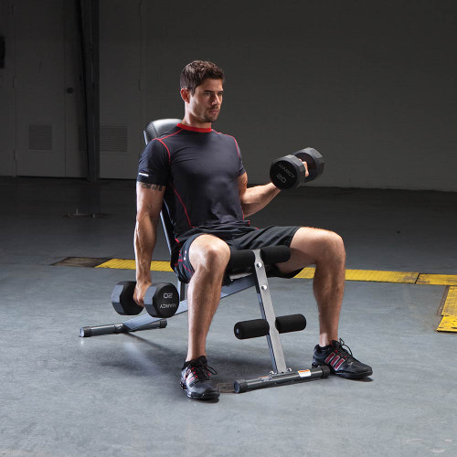 The Marcy Utility Bench SB-261W by Marcy in use - dumbbell curls