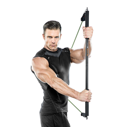 Bionic Body BBEB-20 Exercise Bar in use by model to add weight to HIIT conditioning