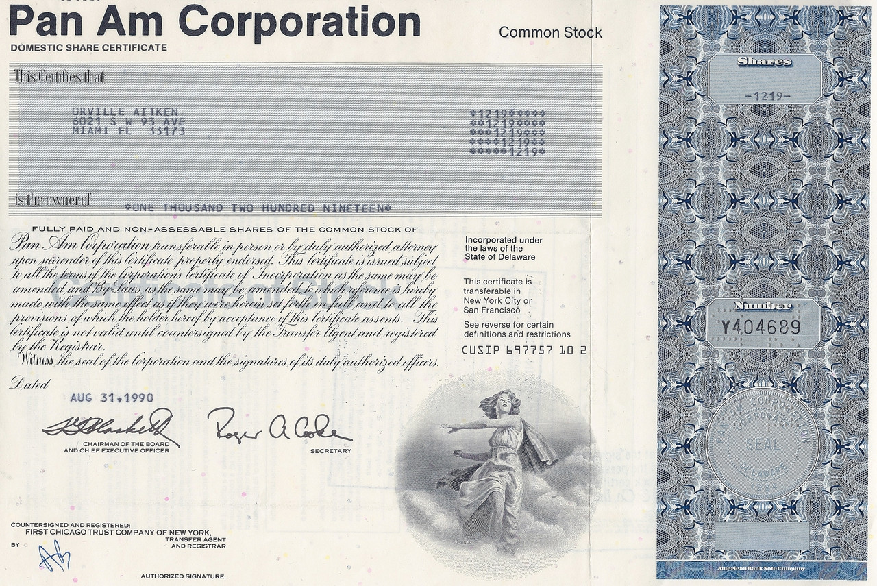 Pan American World Airways stock certificates
