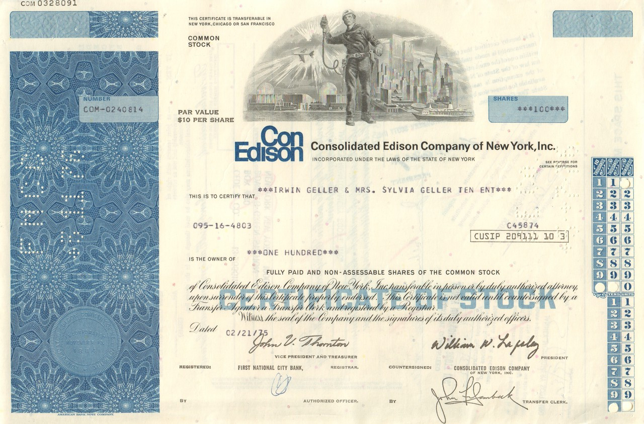 Consolidate Edison Company of New York (Con Ed) stock certificate 1970's