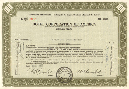Hotel Corporation Of America Stock Certificate Ny Plaza And Hotel Corporation Of America Temporary Stock Certificate