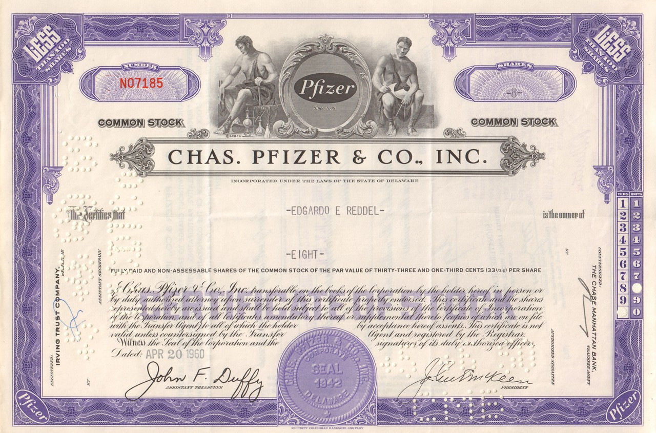 Chas. Pfizer & Co. stock certificate 1959-1960 (Viagra)