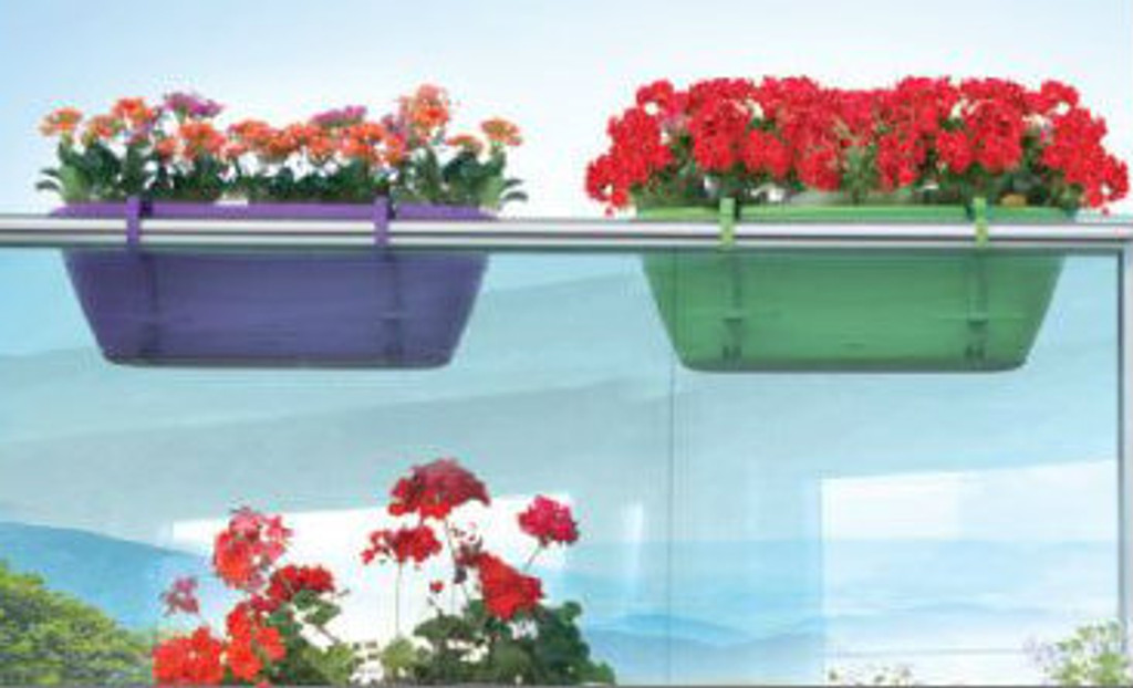 Railing planters green purple , balcony rail.