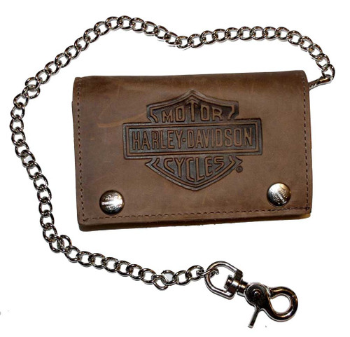 Harley-Davidson® Men's Embossed XL Tri-Fold Chain Wallet Brown Leather