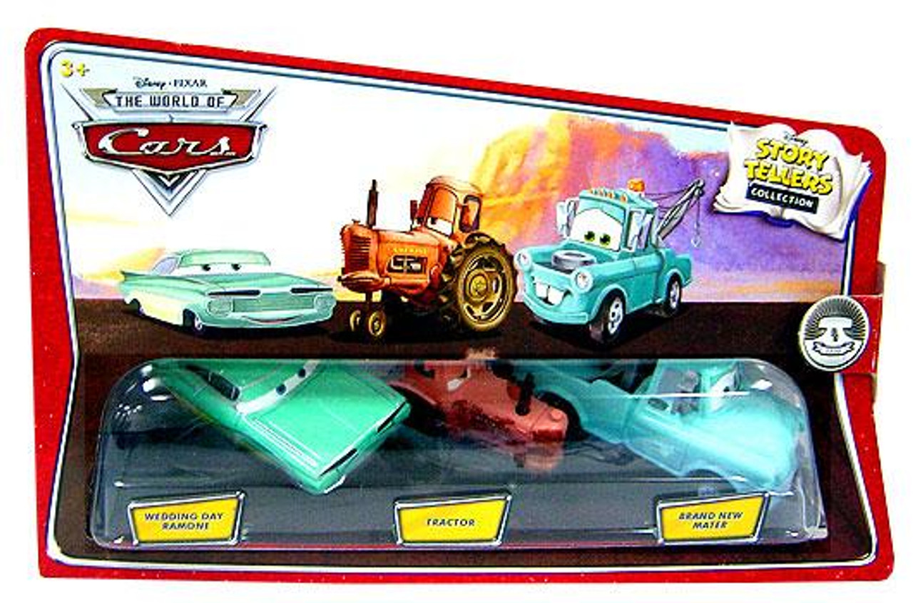 Disney Cars The World of Cars Story Tellers Wedding Day Ramone, Tractor & Brand New Mater Diecast Car 3-Pack