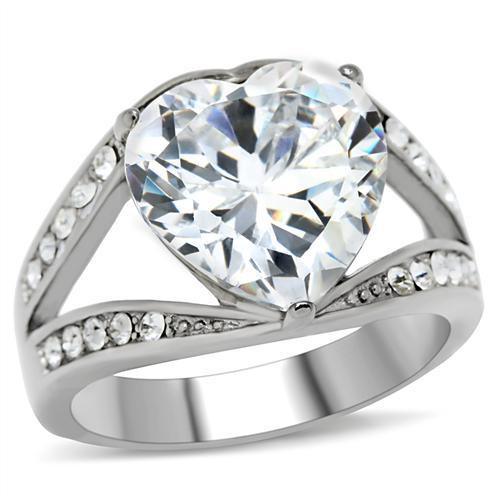Big Bursting Heart - Cubic Zirconia Ring - Steel Engagement Ring / Promise Wedding Ring for Women