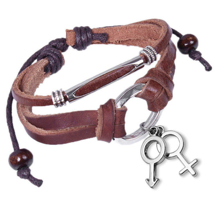 Leather & Copper Leather Wristlet W/ Hanging Male & Female Symbol Charms - Brown Lgbt Supporter Bracelet