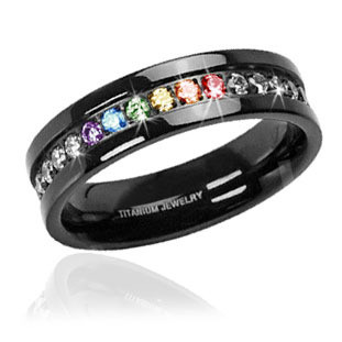 Jet Black Titanium Full Clear & Rainbow String - Lesbian & Gay Engagement Wedding Ring