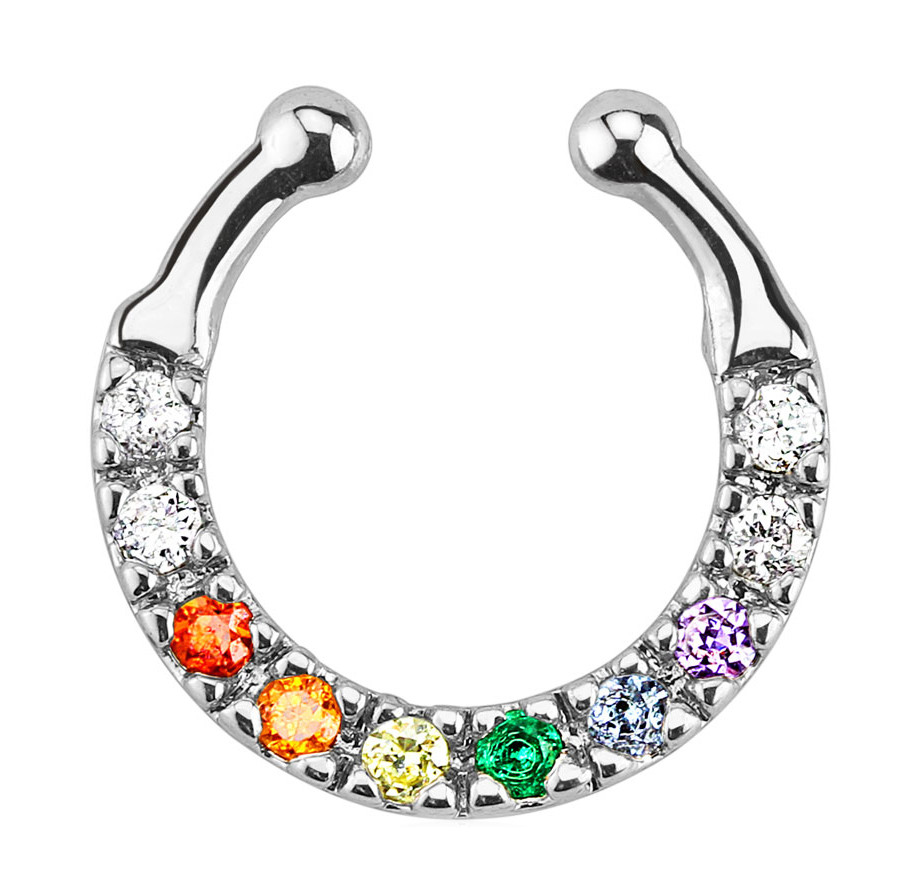Gay And Lesbian Pride Smooth Flat Paved Cz Non-piercing (clip On Style) Septum Hanger For Nose - Lgbt Jewelry / Pride (nose Ring/body Jewelry)