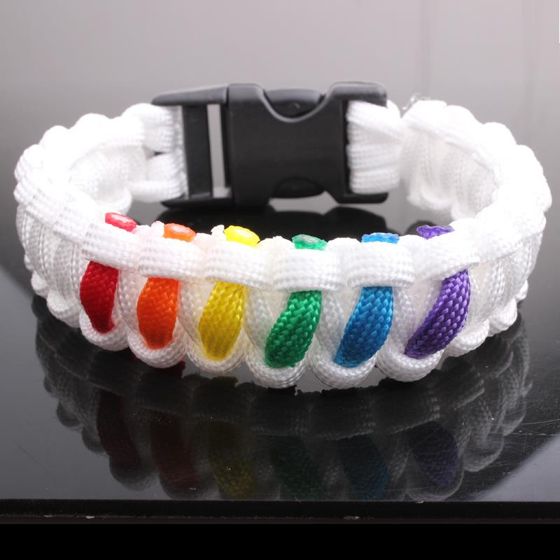 White 6 Stripe Rainbow Snap Clasp Paracord Bracelet - Gay Pride Bracelet - LGBT Lesbian Pride Wristband