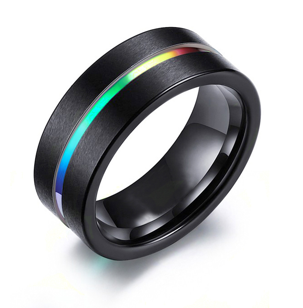 Rainbow Anodized Black Tungsten Carbide Steel Ring Gay And Lesbian Lgbt Pride Wedding 1007