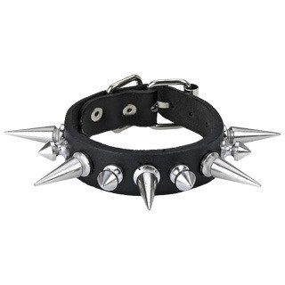 Gothic Single Row Spiked Buckle Bracelet - Black Biker Leather Wristband