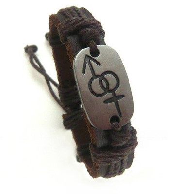 Male & Female Symbols on Metal Panel Brown Leather Bracelet - Supporter LGBT Jewelry
