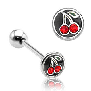 Lesbian Double Cherry Red Gems On Black - Tongue Ring Barbell (body Jewelry)