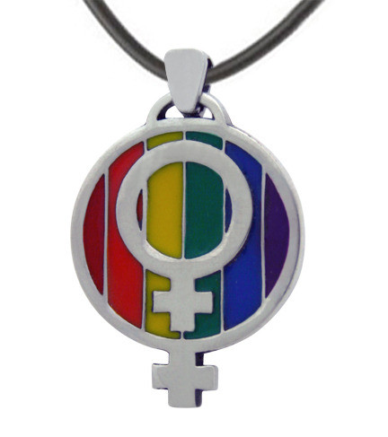 Lgbt Over And Under Rainbow Lesbian Pride Pendant W/ Double Female Symbols - Lgbt Lesbian Pride Necklace